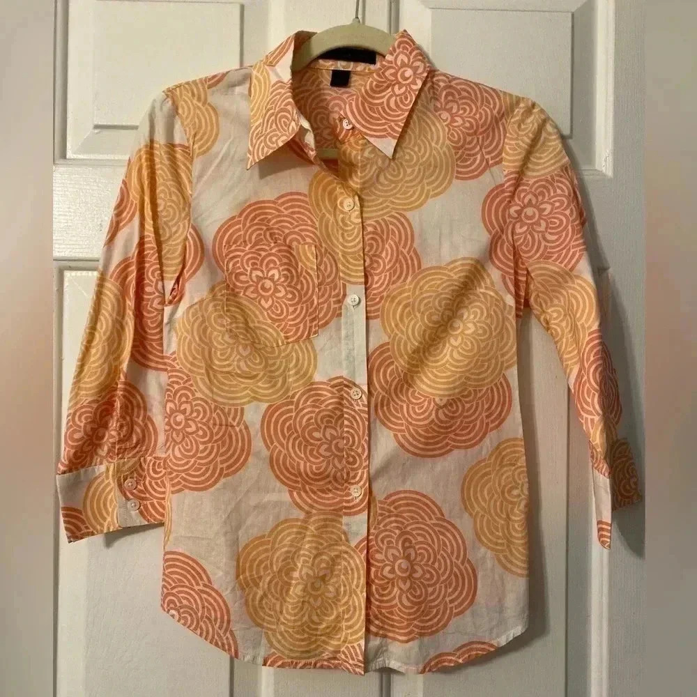 Express Design Studio Orange Floral 100% Cotton Button Down Size‎ S